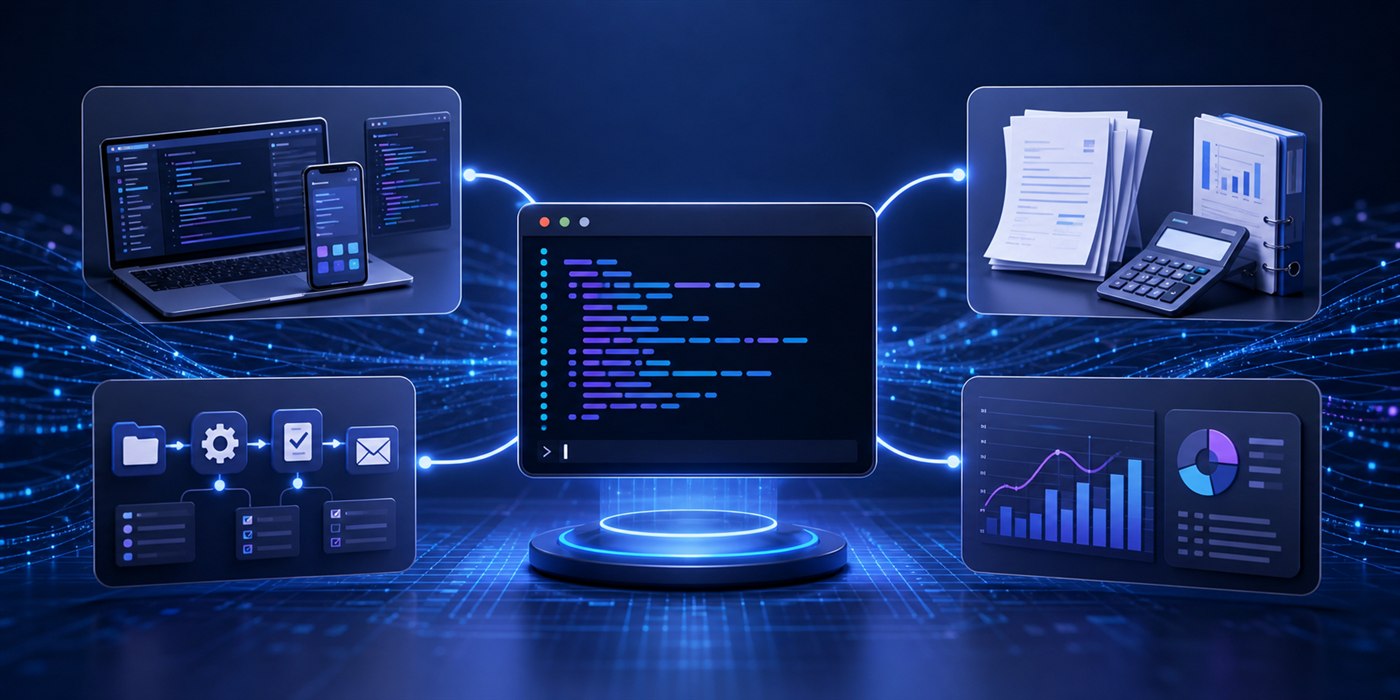 CLI型AIエージェントがアプリ開発、会計、業務自動化、データ分析を支援するイメージ